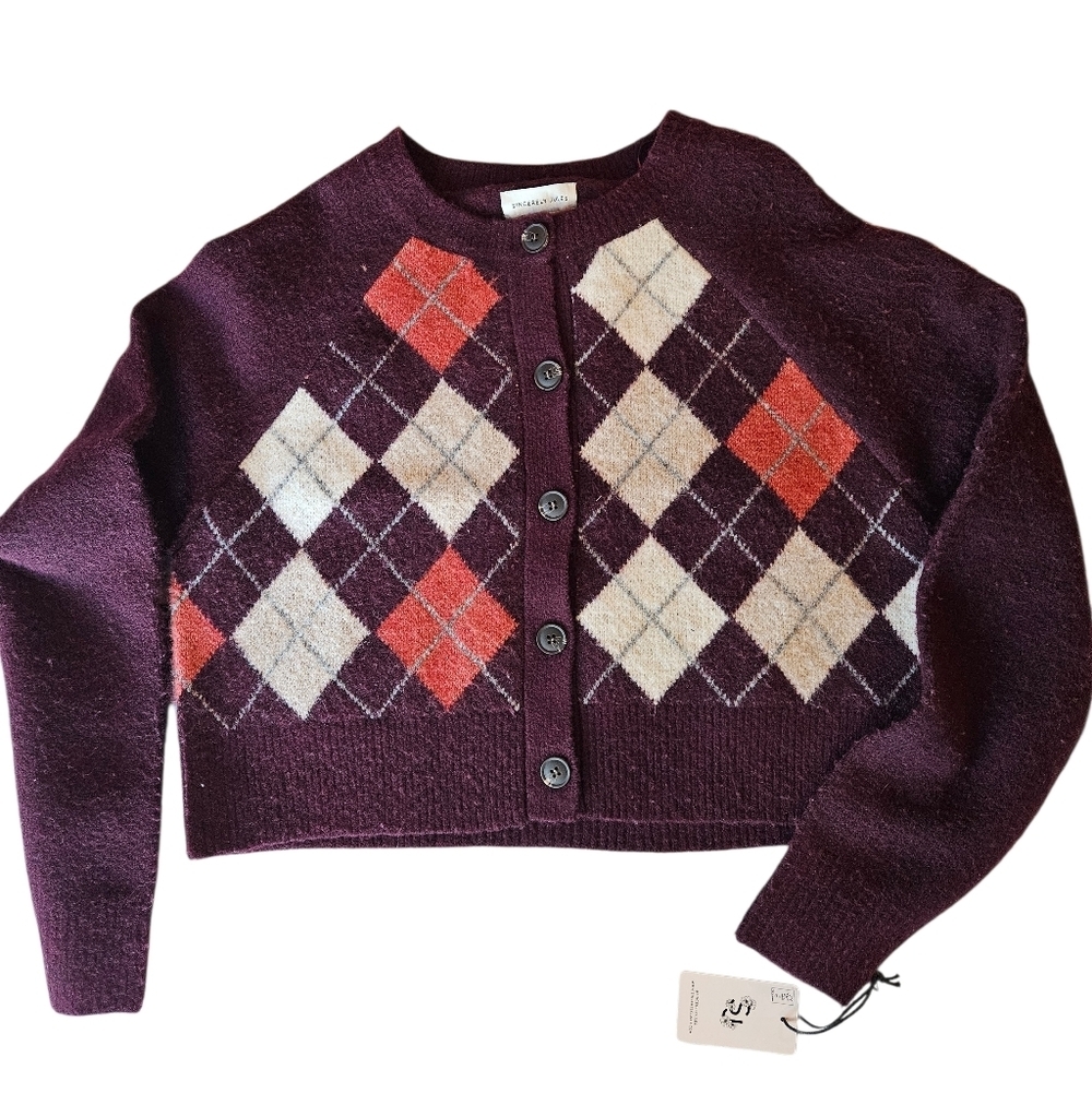 Sincerely Jules Purple Argyle Cardigan Wool Blend Sweater NEW